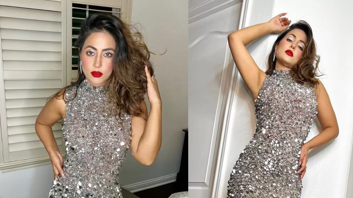 Party Staple: Hina Khan Exudes Glitter, Glitz And Glamour In A Shimmery Silver Mini Dress With Bold Red Lips!