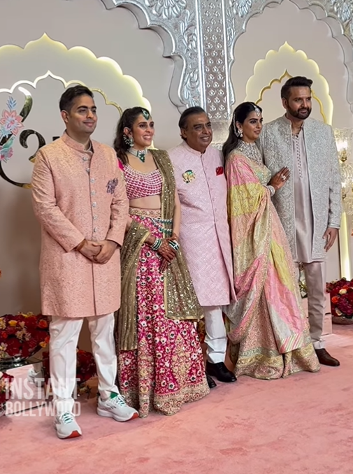 Akash Ambani with wife Shloka, Mukesh Ambani, Isha with Anand Piramal