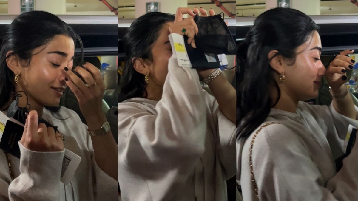 Rashmika Mandanna hides her face then shows no make-up look to paps