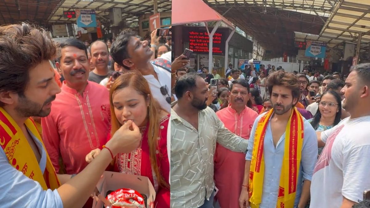 Kartik Aaryan FEEDS cake to Female Fan, Mobbed at Siddhivinayak Temple