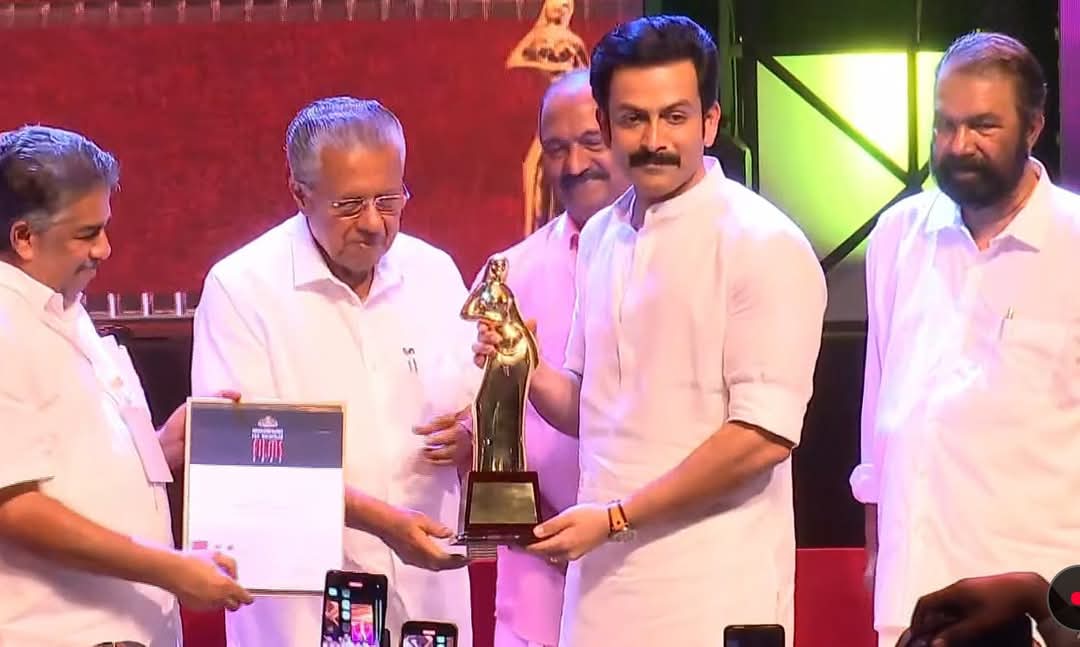 Prithviraj Sukumaran was honoured with the 54th Kerala State Award for Best Actor – Aadujeevitham: The Goat Life by Chief Minister Pinarayi Vijayan